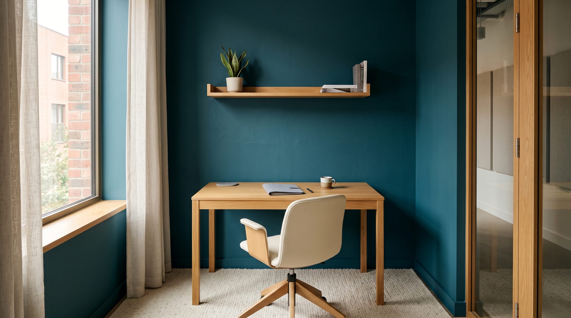 A quiet single-occupancy focus room with a deep teal wall, an oak desk and soft daylight.