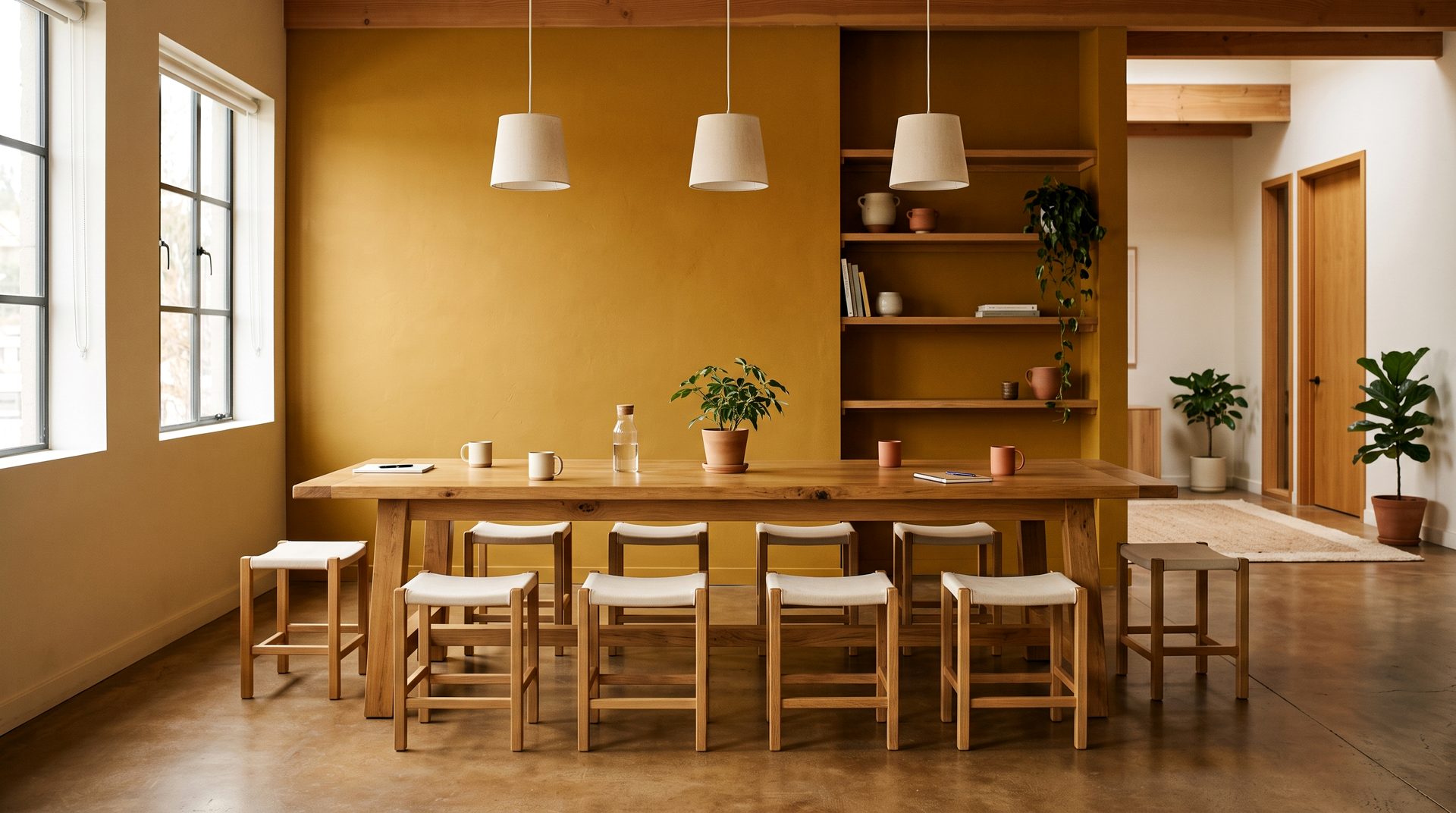 An open team gathering area with a golden ochre wall and a long communal oak table.