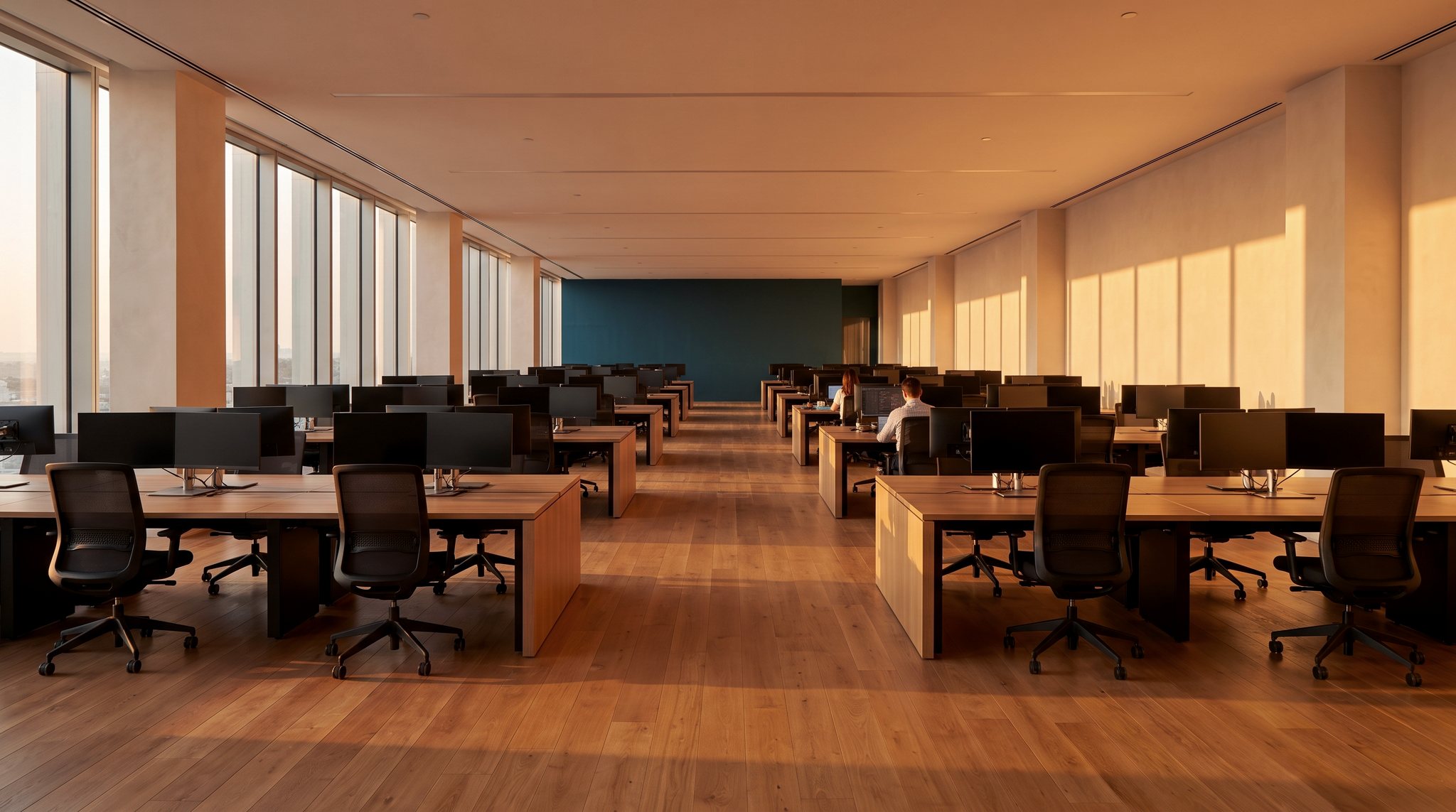A warm, daylit open-plan workspace planned for density and workflow, with a single considered colour accent.