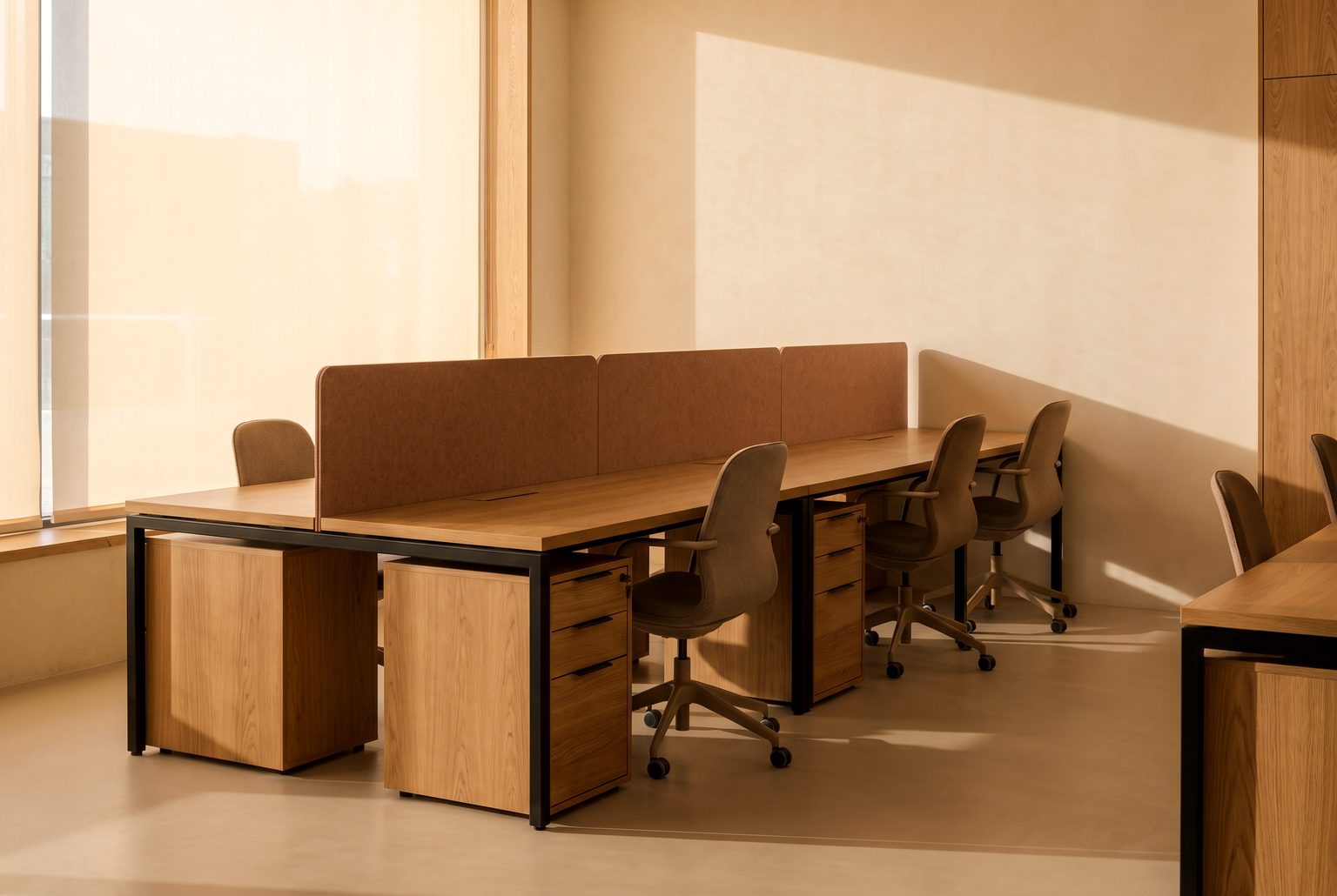 A custom-built oak and steel workbench desk against a warm plaster wall.