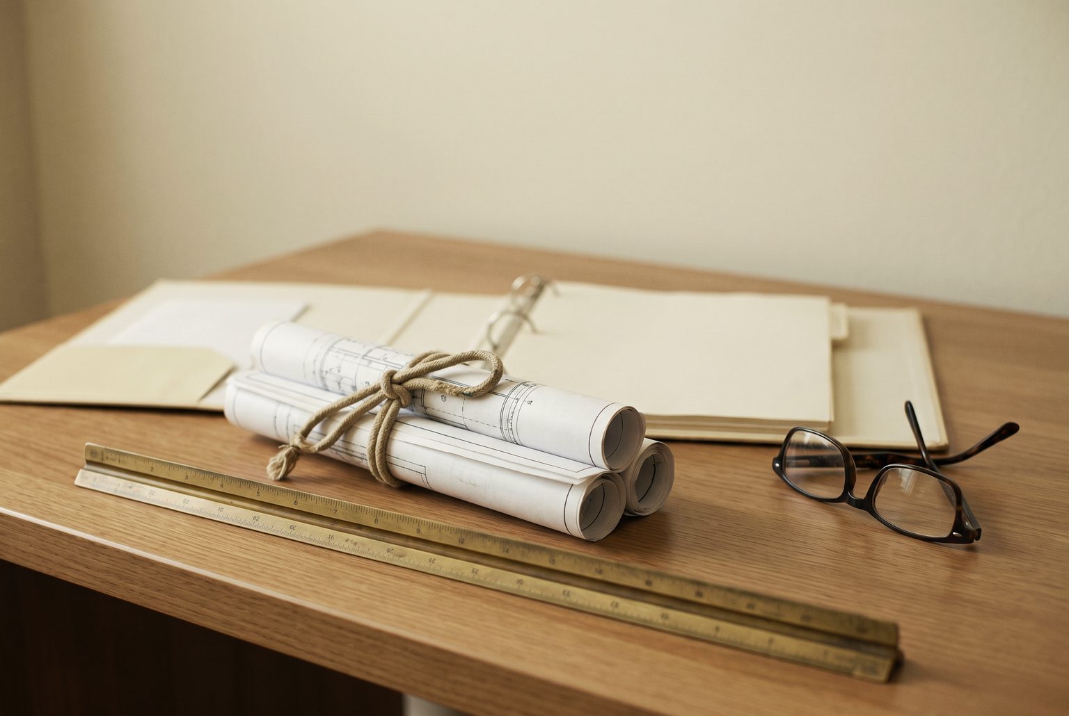 Rolled architectural drawings, a project binder and a scale rule on a warm oak table.
