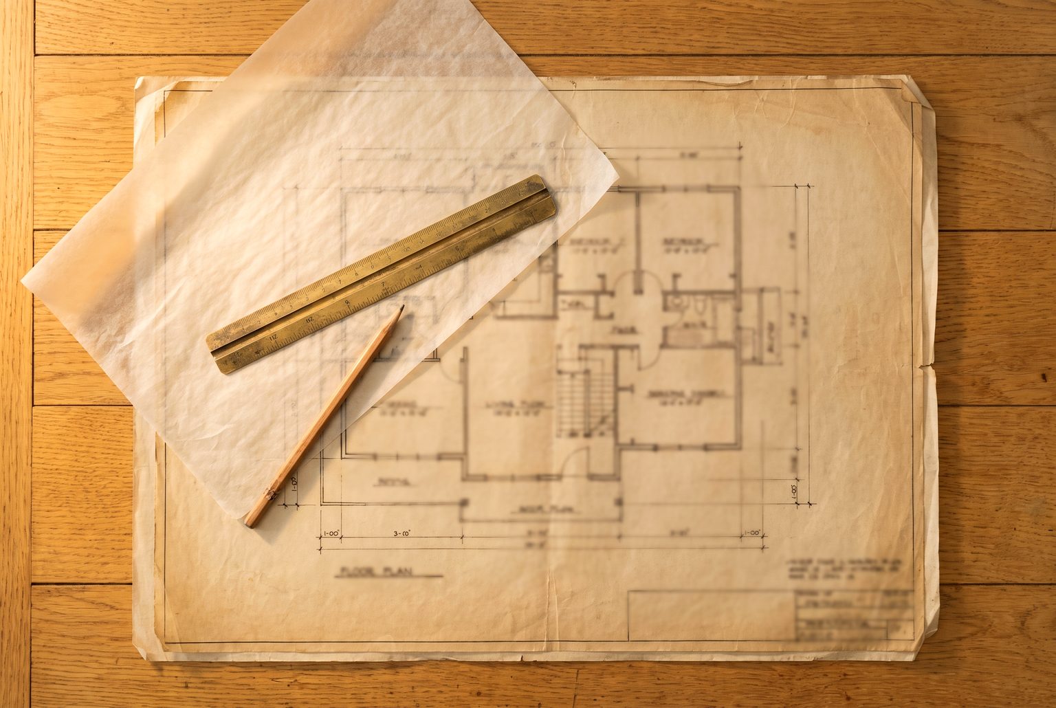 A floor plan drawing on a drafting table with a scale rule and trace paper overlay.