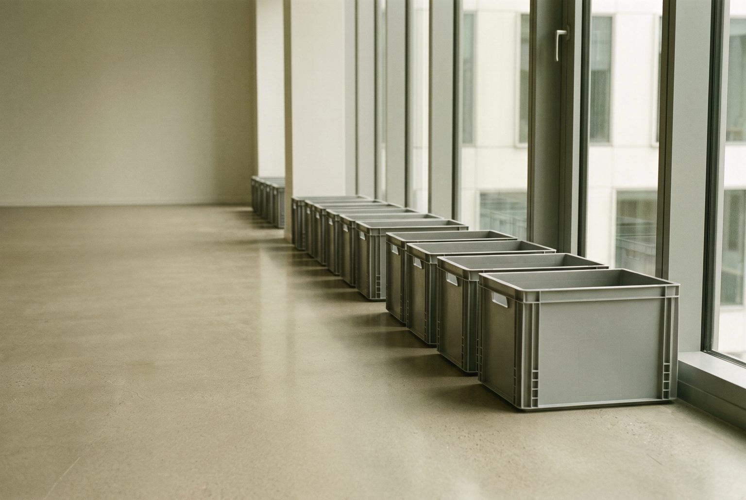 An orderly office floor prepared for relocation, with moving crates in a neat row.
